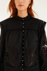 Black Richelieu Puff Sleeve Organic Cotton Blouse - FARM Rio BLACK