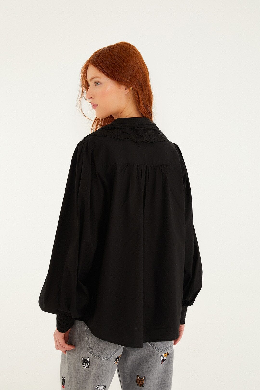 Black Embroidered Buttoned Puff Sleeve Shirt - FARM Rio BLACK