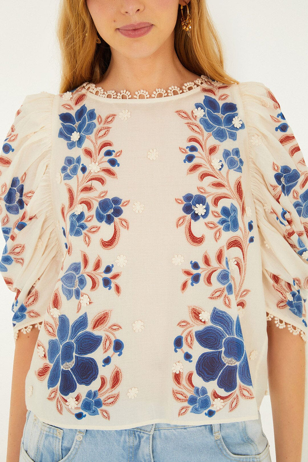 Sand Renata Floral 3d Puff Sleeve Blouse - FARM Rio RENATA FLORAL SAND