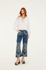 Off-White Embroidered Lace Buttoned Smocked Cuff Shirt - FARM Rio OFF-WHITE
