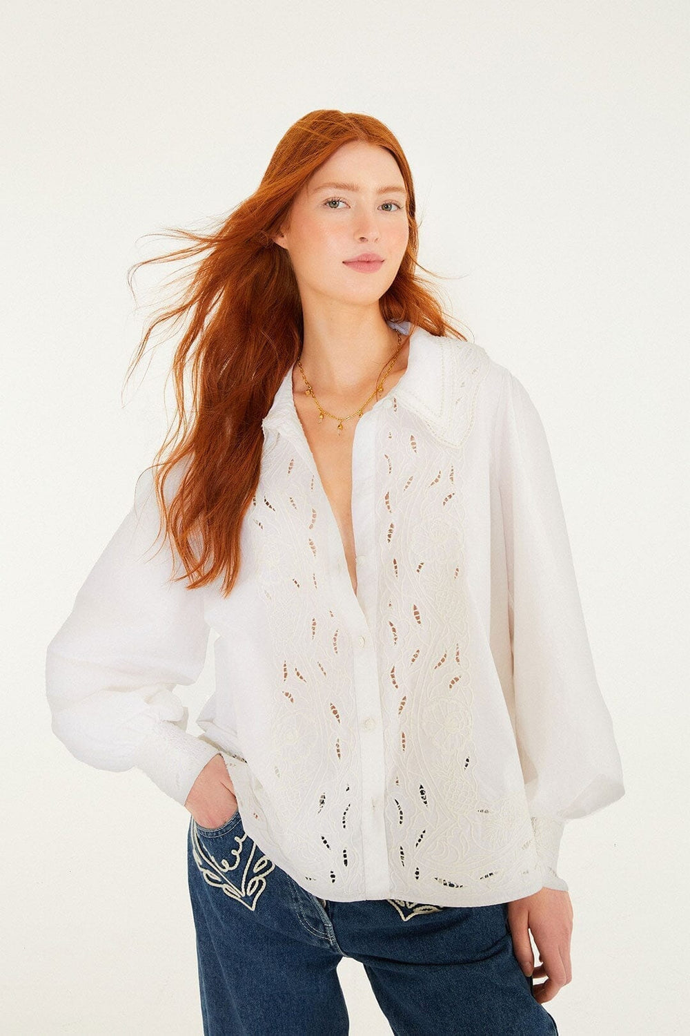 Off-White Embroidered Lace Buttoned Smocked Cuff Shirt - FARM Rio OFF-WHITE