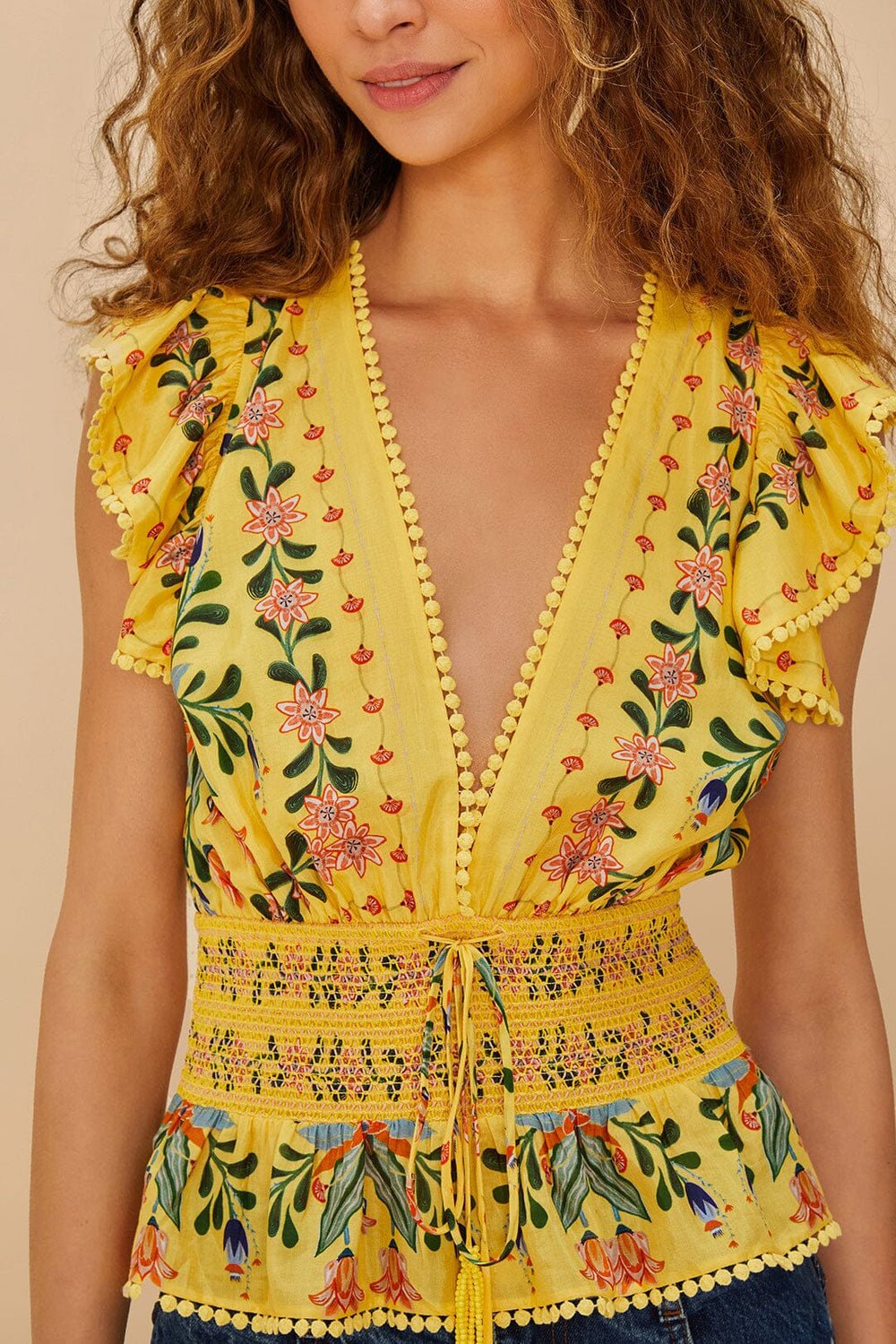 Yellow Delicate Flowers Stripes Blouse - FARM Rio DELICATE FLOWERS STRIPES YELLOW