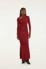 Burgundy 3d Flower Draped Side Slit Maxi Skirt - FARM Rio BURGUNDY