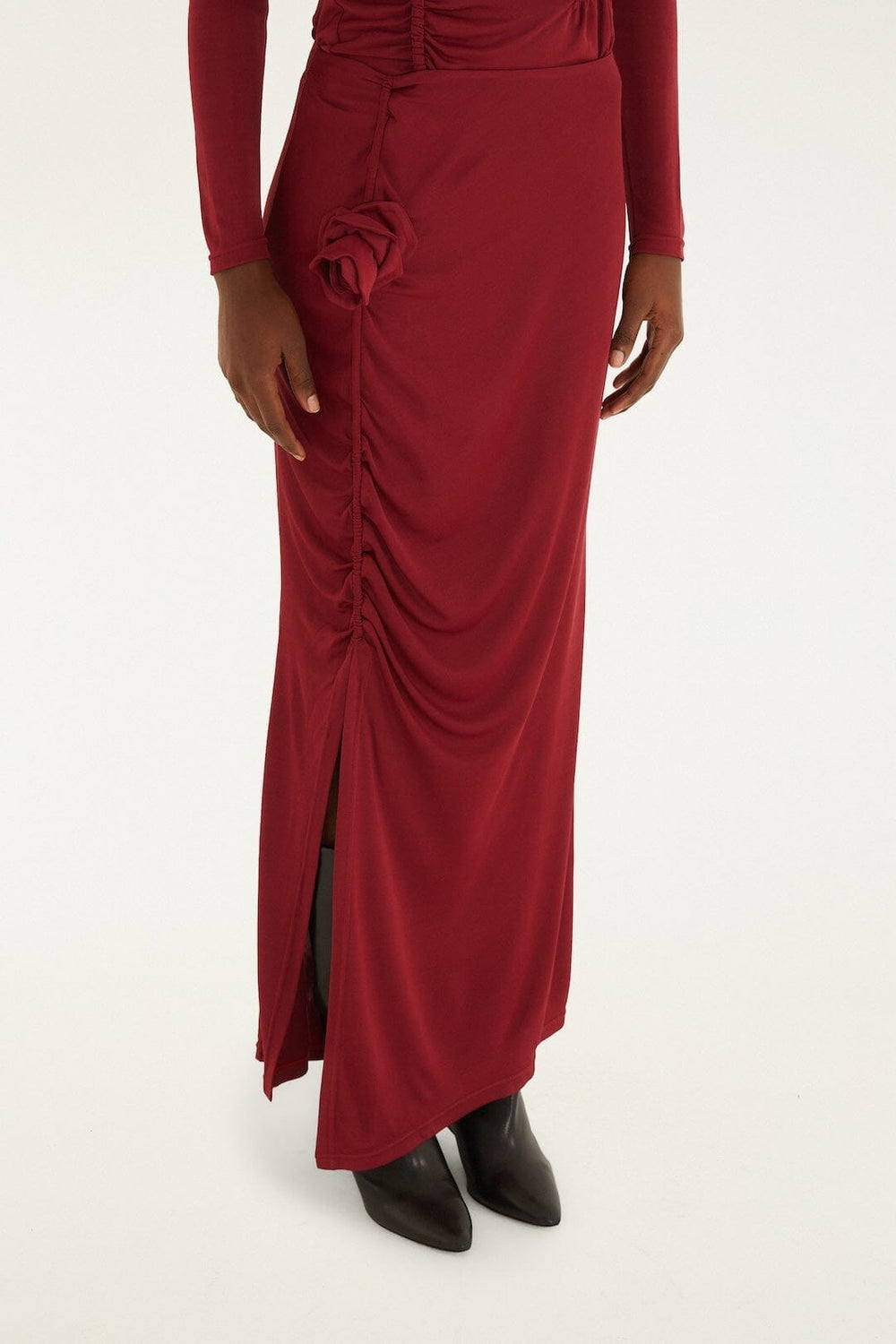 Burgundy 3d Flower Draped Side Slit Maxi Skirt - FARM Rio BURGUNDY