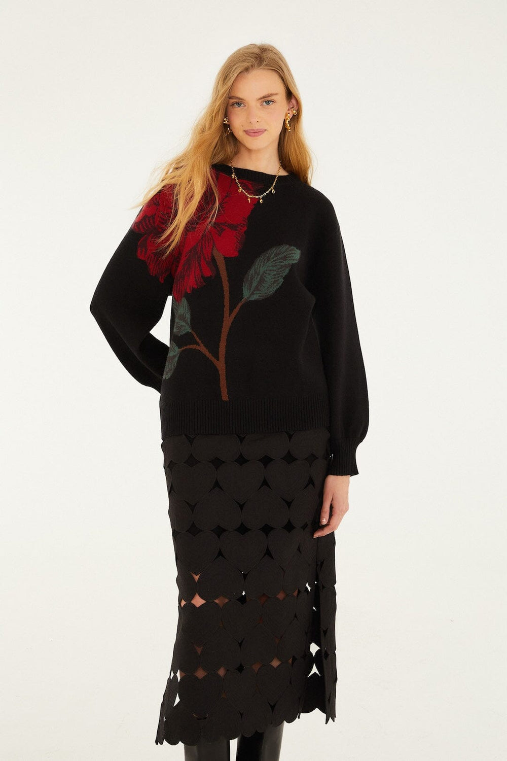 Black Hearts Euroflax Premium Linen Midi Skirt - FARM Rio BLACK