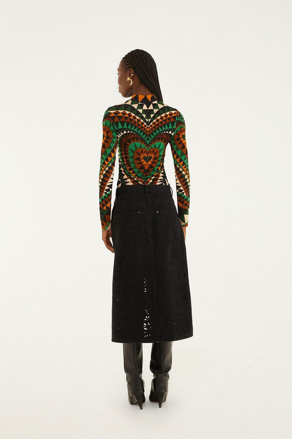 Black Denim Richelieu Front Slit Midi Skirt - FARM Rio DENIM