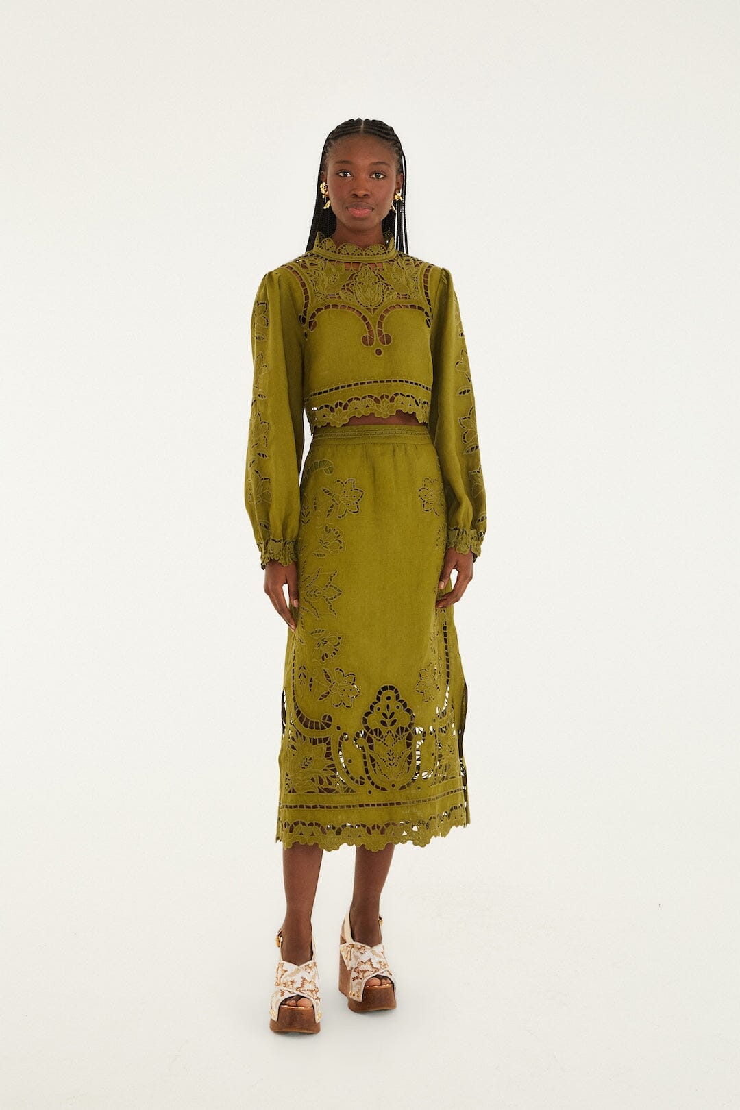 Green Majestic Garden Euroflax Premium Linen Richelieu Midi Skirt - FARM Rio GREEN