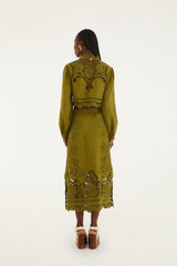 Green Majestic Garden Euroflax Premium Linen Richelieu Midi Skirt - FARM Rio GREEN