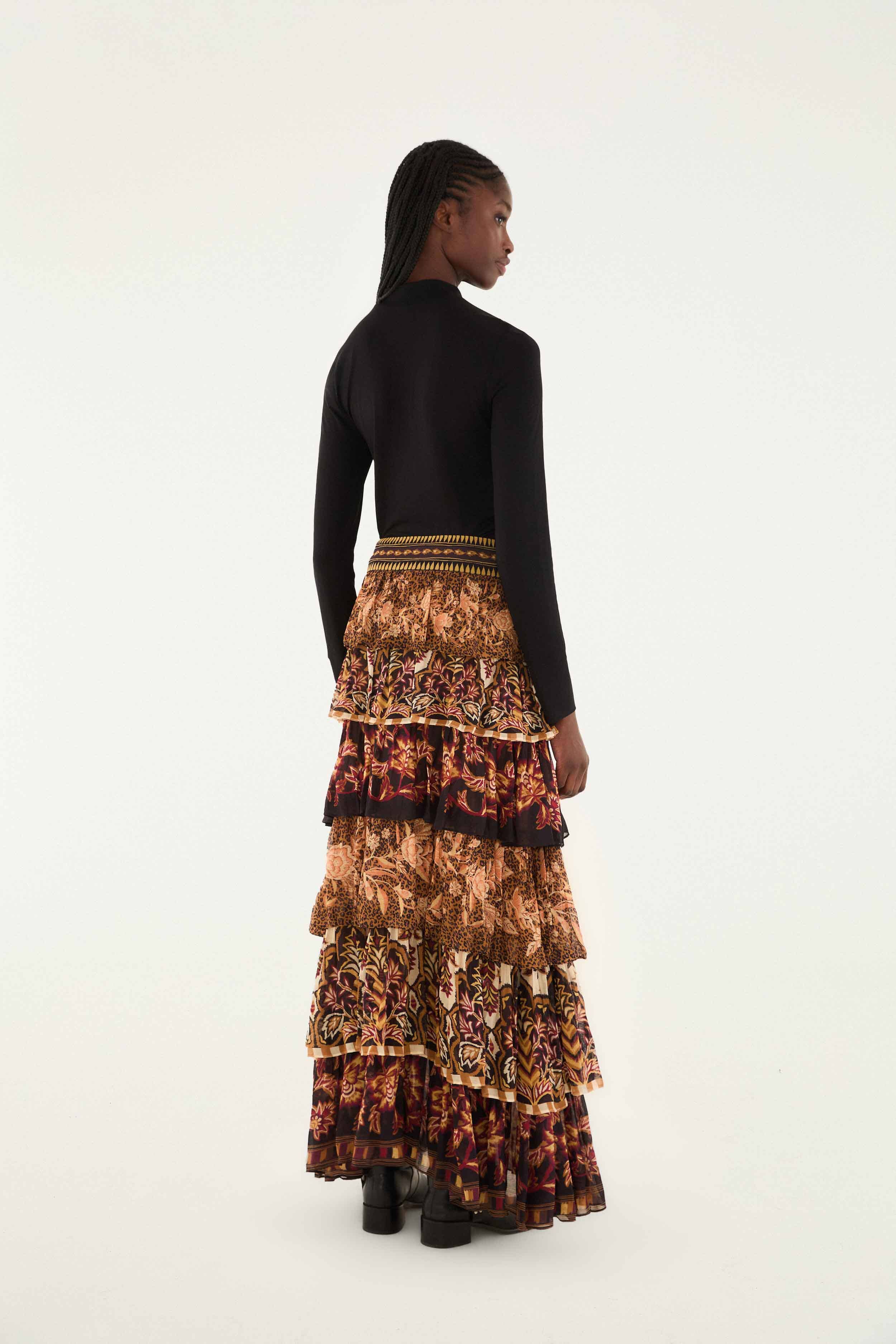 Mixed Scarves Ruffled Maxi Skirt - FARM Rio MIXED SCARVES