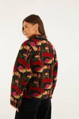 Black Wild Mushrooms Fleece Bomber Jacket - FARM Rio WILD MUSHROOMS BLACK