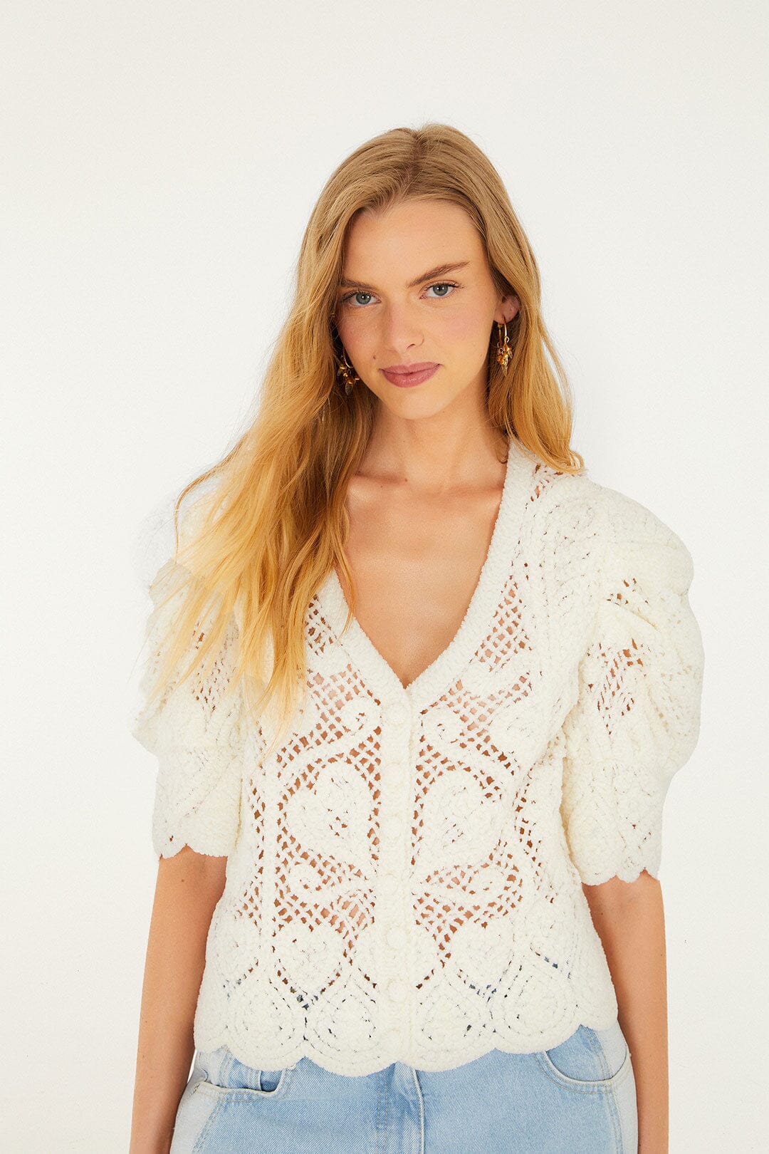 Off-White Rococo Hearts Crochet Cardigan - FARM Rio SAND