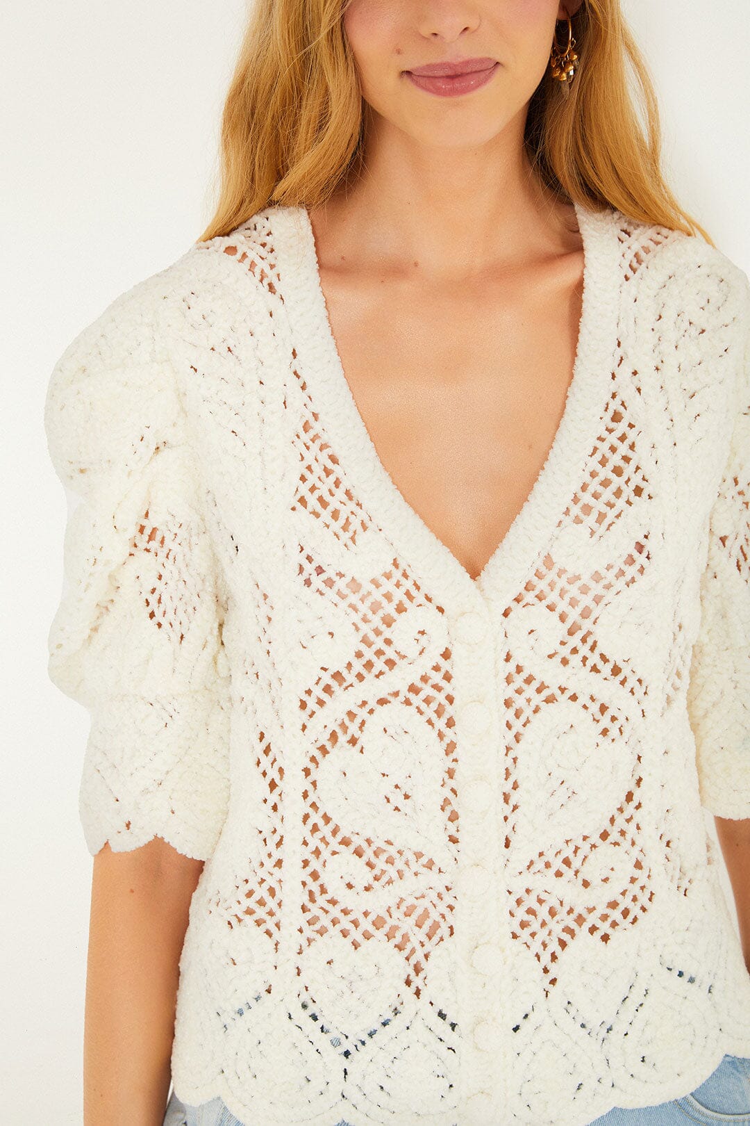 Off-White Rococo Hearts Crochet Cardigan - FARM Rio SAND