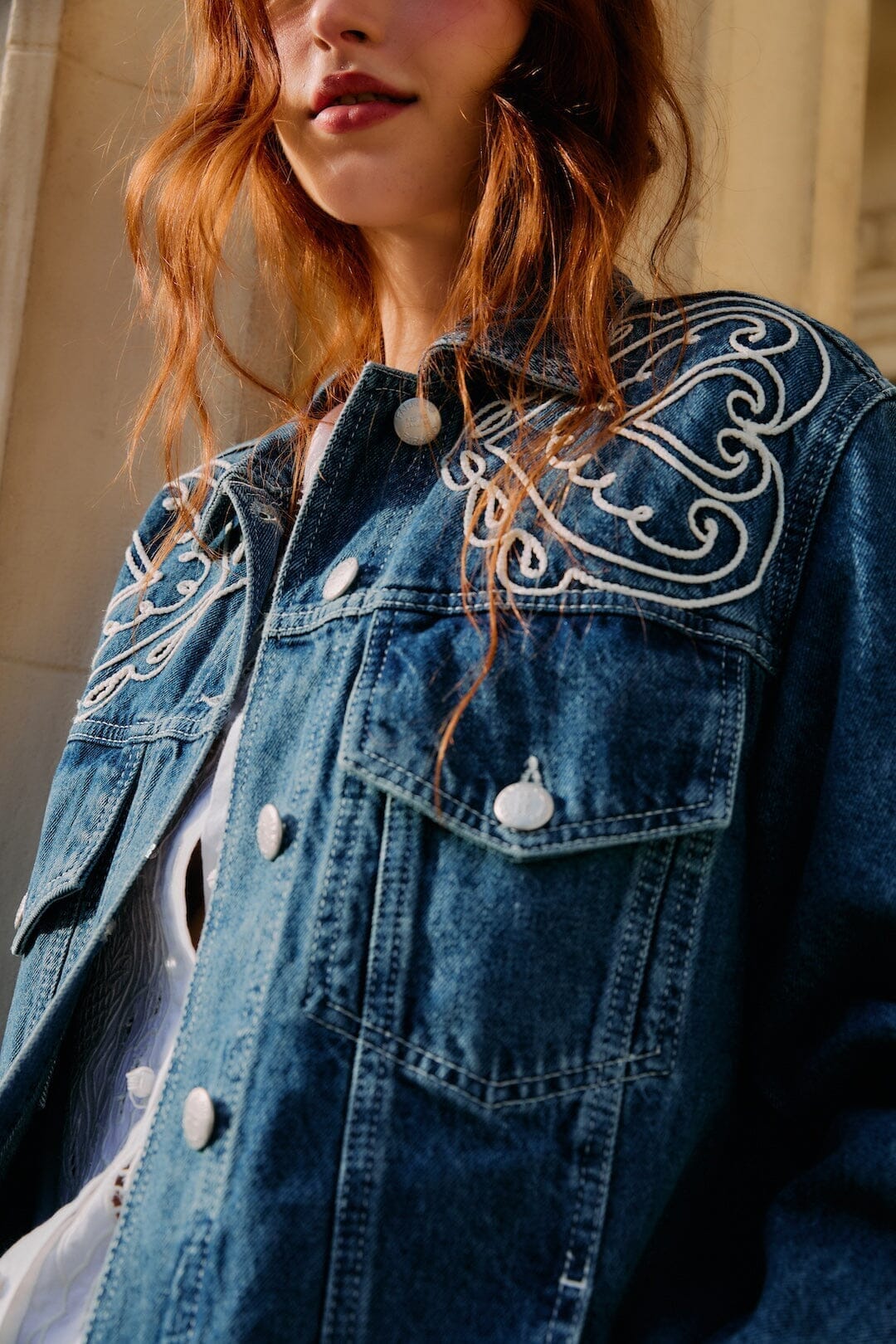 Denim Cornely Buttoned Embroidered Jacket - FARM Rio DENIM