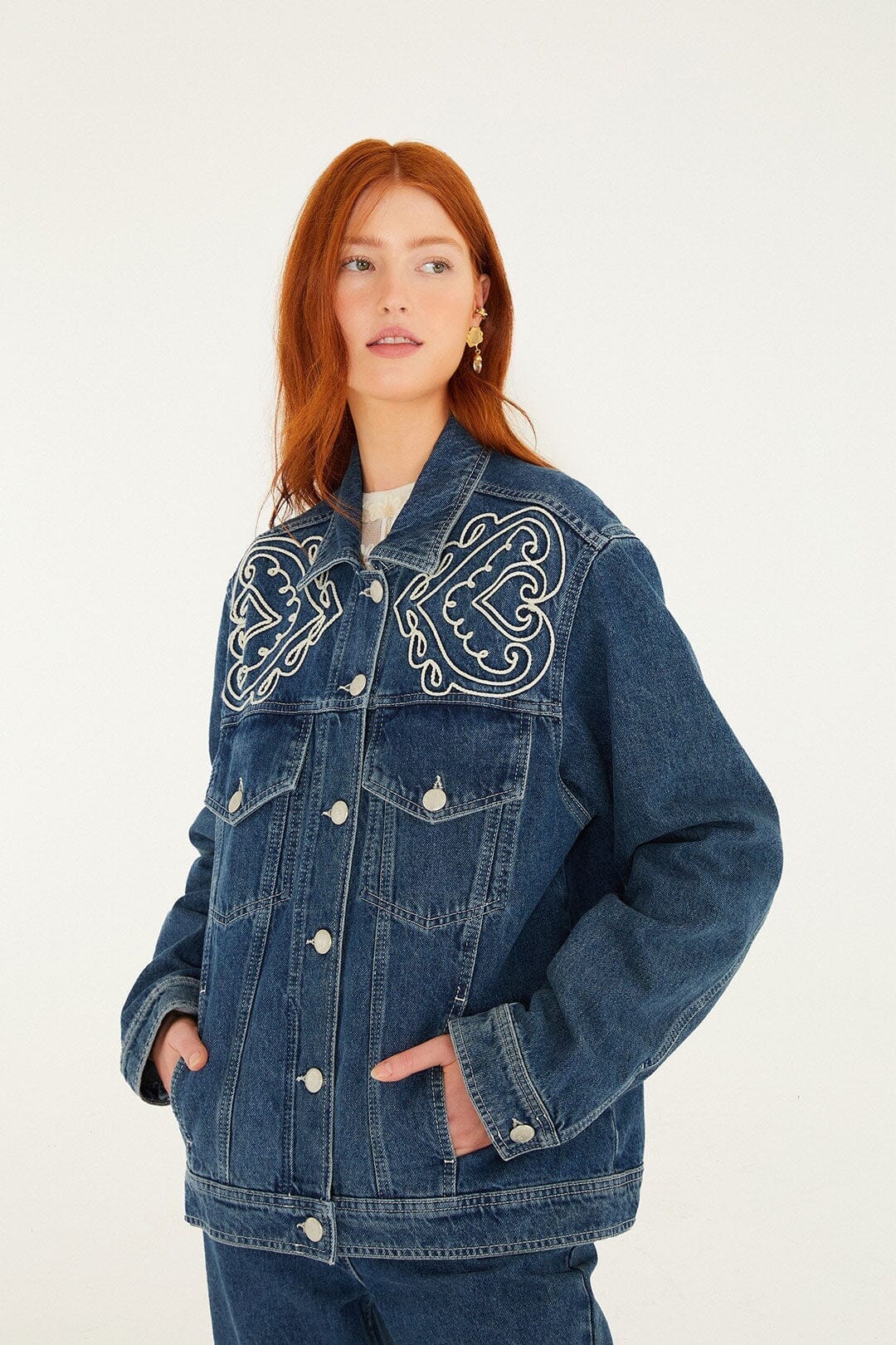 Denim Cornely Buttoned Embroidered Jacket - FARM Rio DENIM