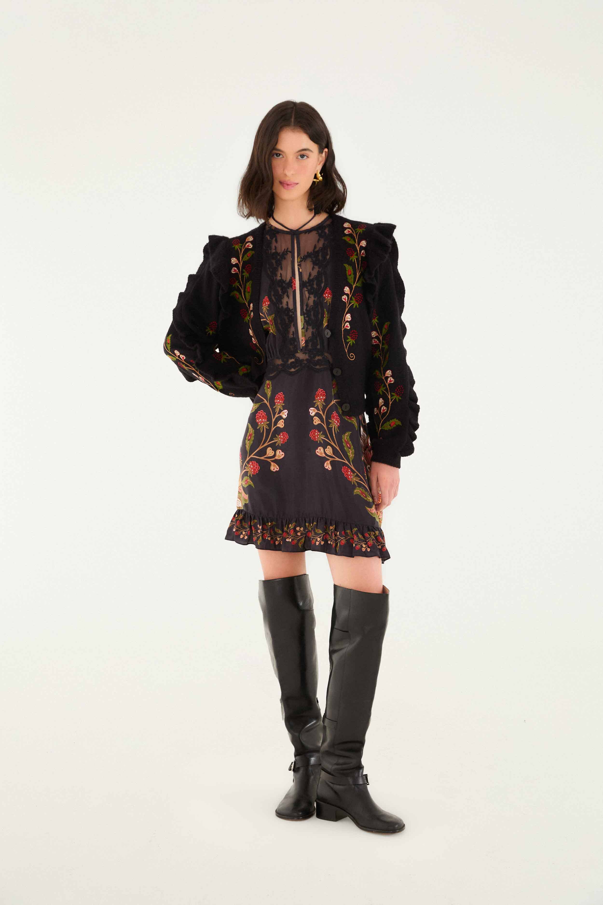 Black Berry Embroidery Knit Cardigan - FARM Rio BERRY EMBROIDERY BLACK