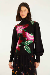 Black Bold Colorful Flower Embroidered Knit Sweater - FARM Rio BOLD COLORFUL FLOWER
