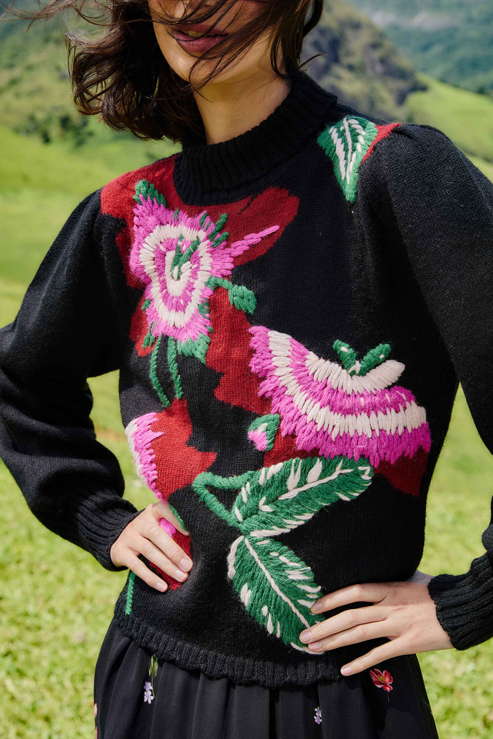 Black Bold Colorful Flower Embroidered Knit Sweater - FARM Rio BOLD COLORFUL FLOWER