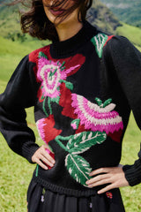 Black Bold Colorful Flower Embroidered Knit Sweater - FARM Rio BOLD COLORFUL FLOWER