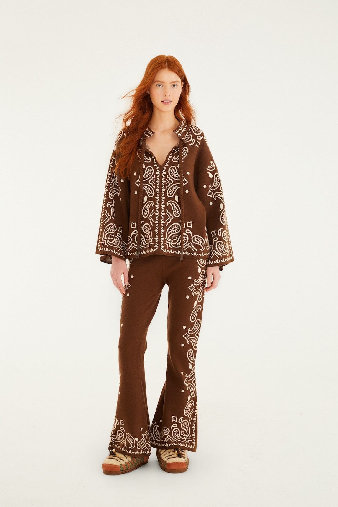 Brown Bohemian Paisley Beaded Rope Knit Sweater - FARM Rio BOHEMIAN PAISLEY