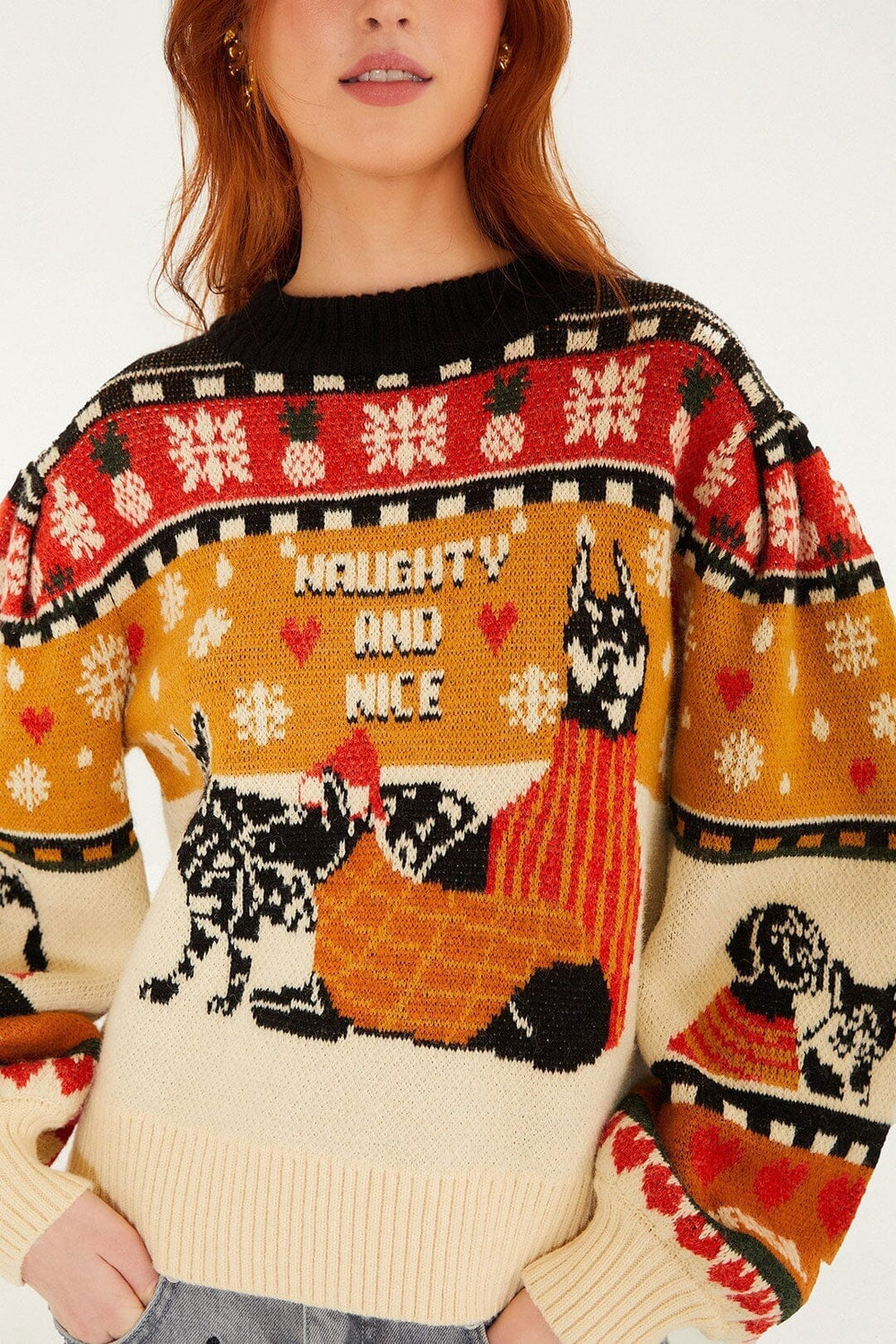 Multicolor Naughty And Nice Puff Sleeve Knit Sweater - FARM Rio SAND