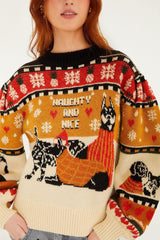 Multicolor Naughty And Nice Puff Sleeve Knit Sweater - FARM Rio SAND