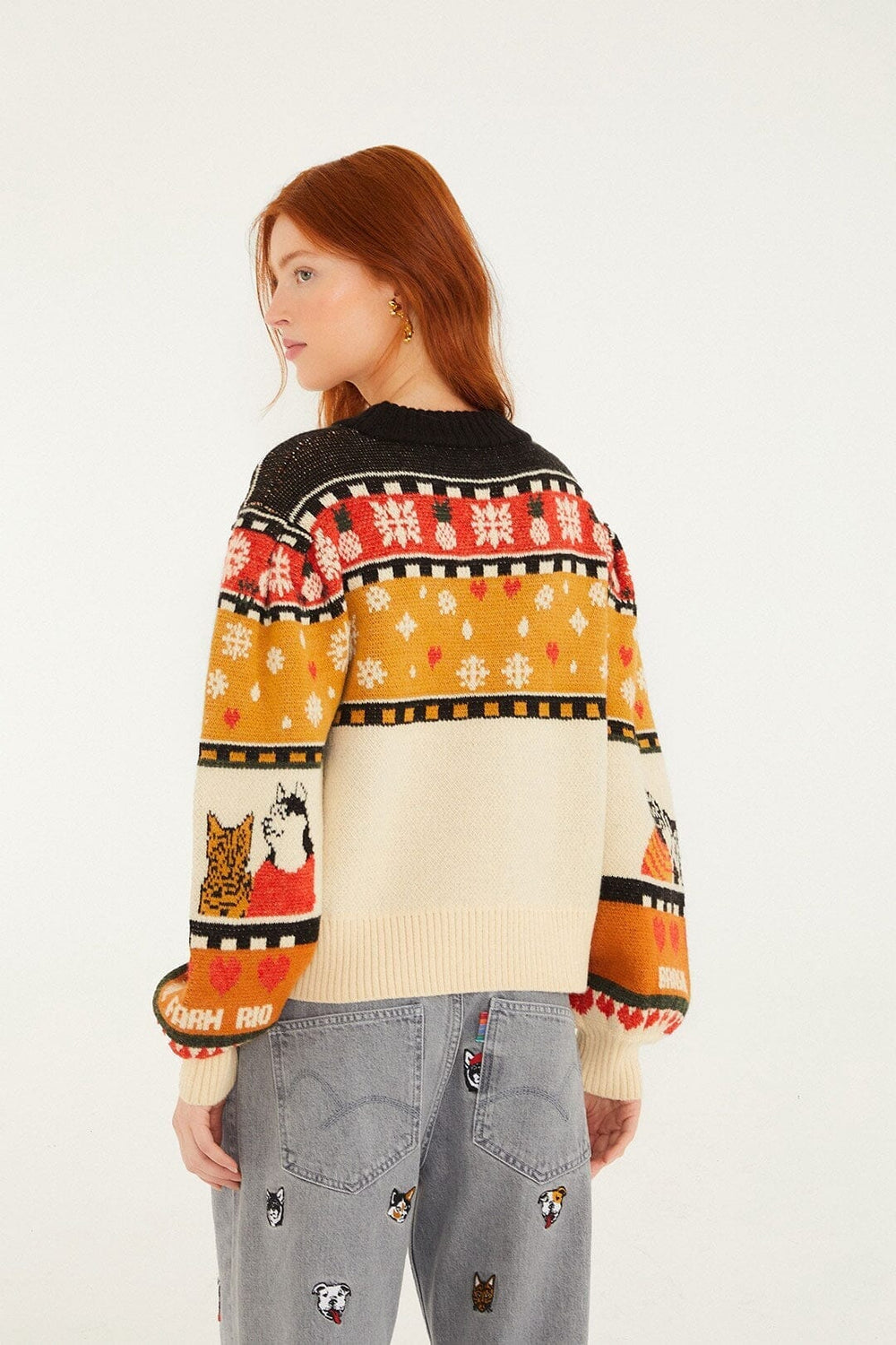 Multicolor Naughty And Nice Puff Sleeve Knit Sweater - FARM Rio SAND