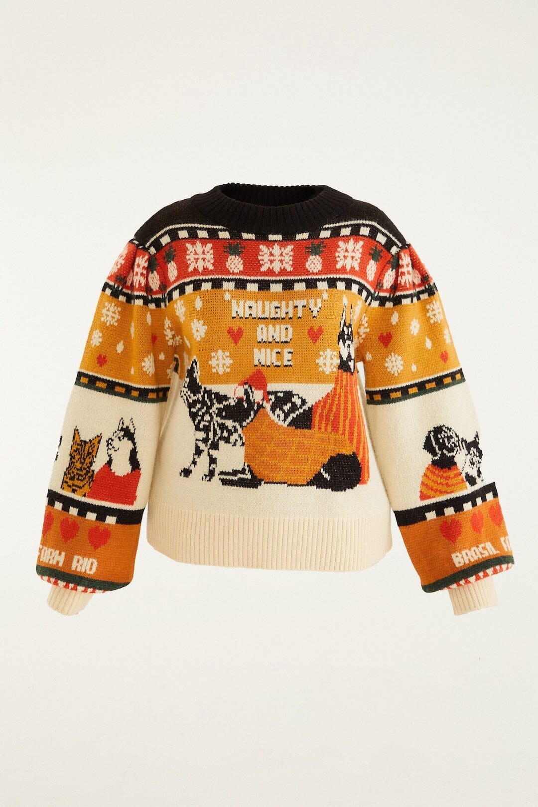 Multicolor Naughty And Nice Puff Sleeve Knit Sweater - FARM Rio SAND