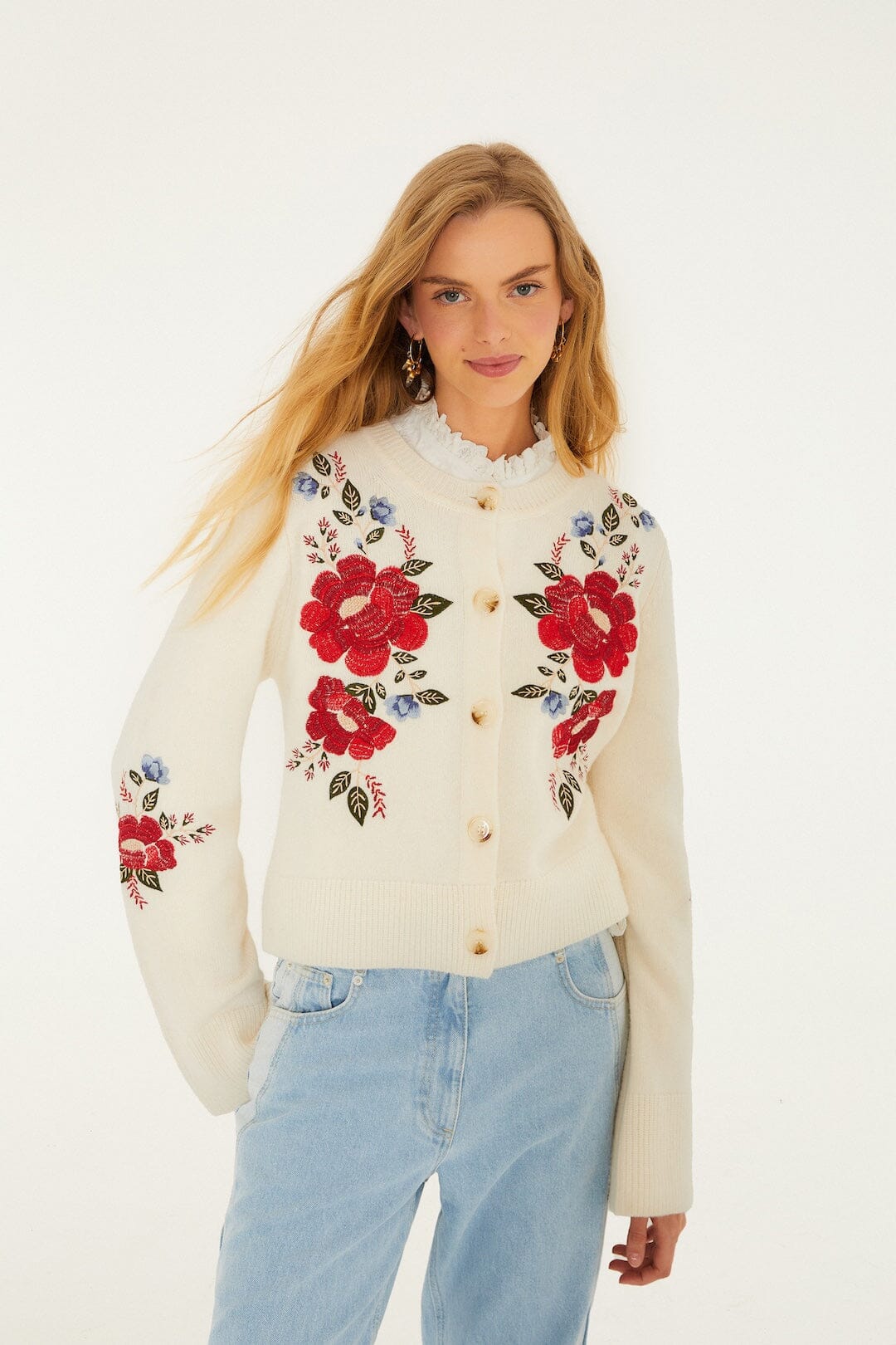 Cream Embroidered Flowers Buttoned Knit Cardigan - FARM Rio CREAM