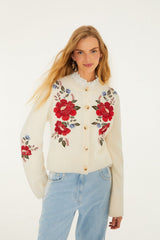 Cream Embroidered Flowers Buttoned Knit Cardigan - FARM Rio CREAM