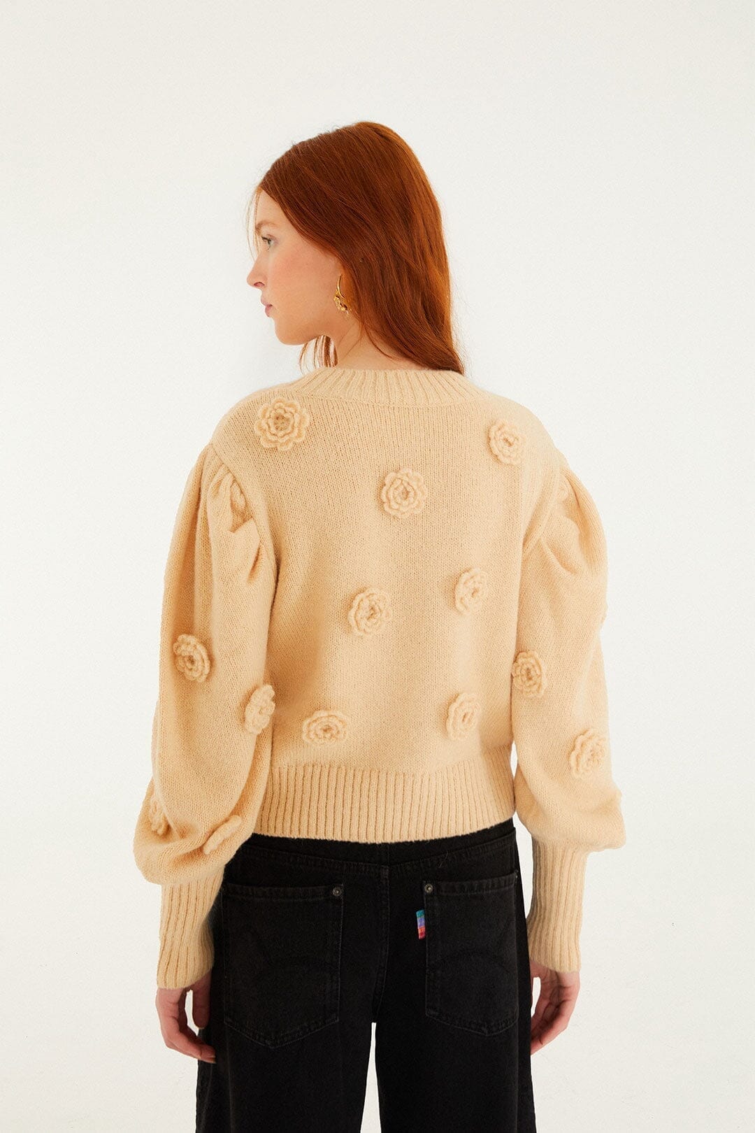 Sand Crochet 3d Flower Dropped Shoulder Knit Sweater - FARM Rio SAND
