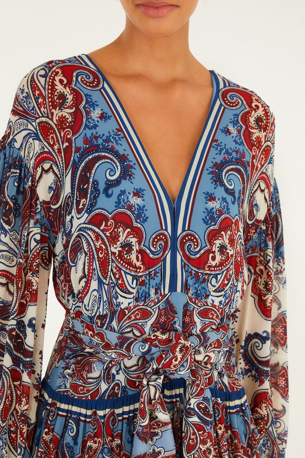 Blue Paisley Scarf Long Sleeve Maxi Dress - FARM Rio PAISLEY SCARF CREAM