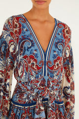 Blue Paisley Scarf Long Sleeve Maxi Dress - FARM Rio PAISLEY SCARF CREAM