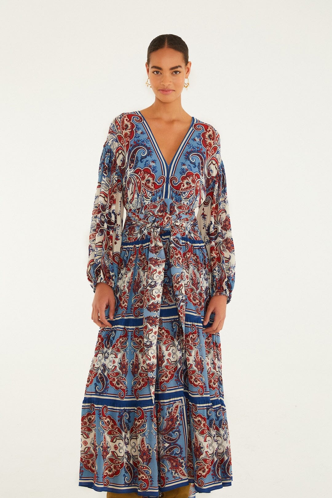 Blue Paisley Scarf Long Sleeve Maxi Dress - FARM Rio PAISLEY SCARF CREAM
