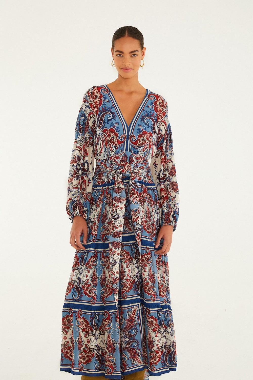 Blue Paisley Scarf Long Sleeve Maxi Dress - FARM Rio PAISLEY SCARF CREAM
