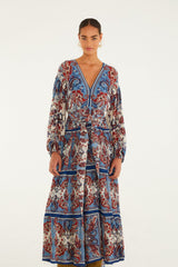 Blue Paisley Scarf Long Sleeve Maxi Dress - FARM Rio PAISLEY SCARF CREAM