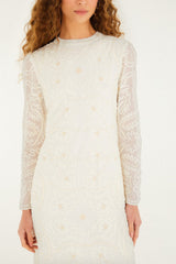 Off-White Embroidered Crew Neck Long Sleeve Maxi Dress - FARM Rio OFF-WHITE