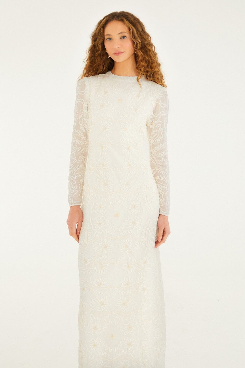 Off-White Embroidered Crew Neck Long Sleeve Maxi Dress - FARM Rio OFF-WHITE