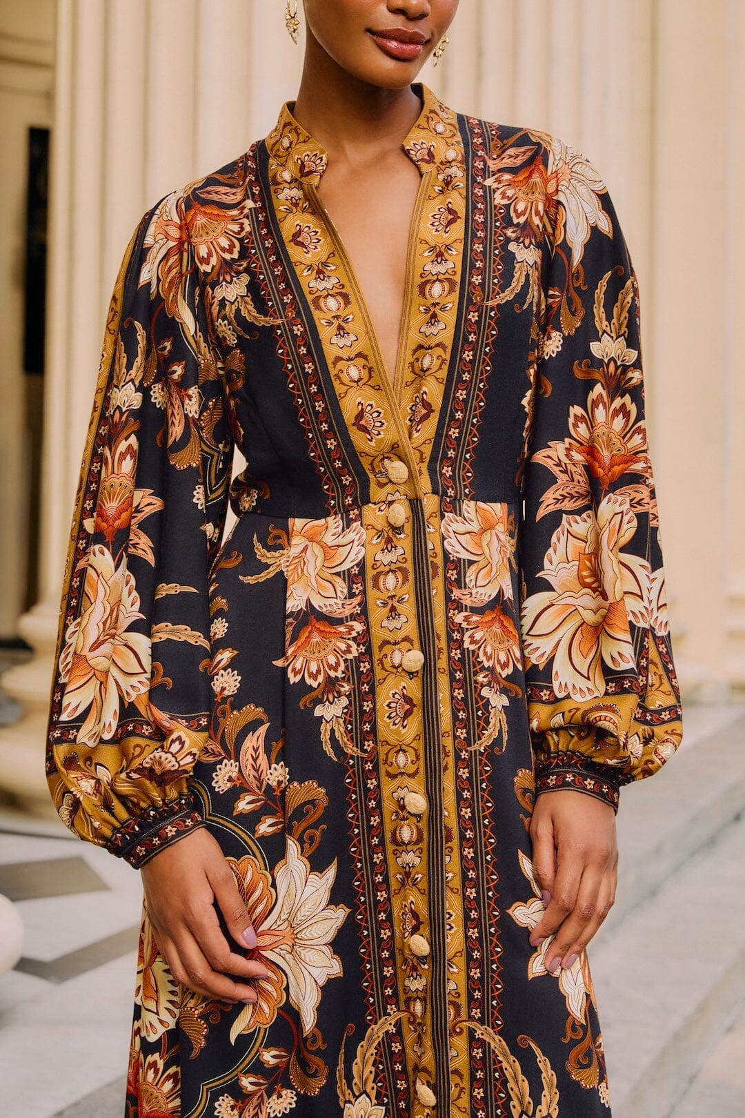 Black Majestic Garden Buttoned Puff Sleeve Maxi Dress - FARM Rio MAJESTIC GARDEN BLACK