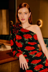 Black Latin Roses 3d Flower One-Shoulder Draped Maxi Dress - FARM Rio LATIN ROSES BLACK