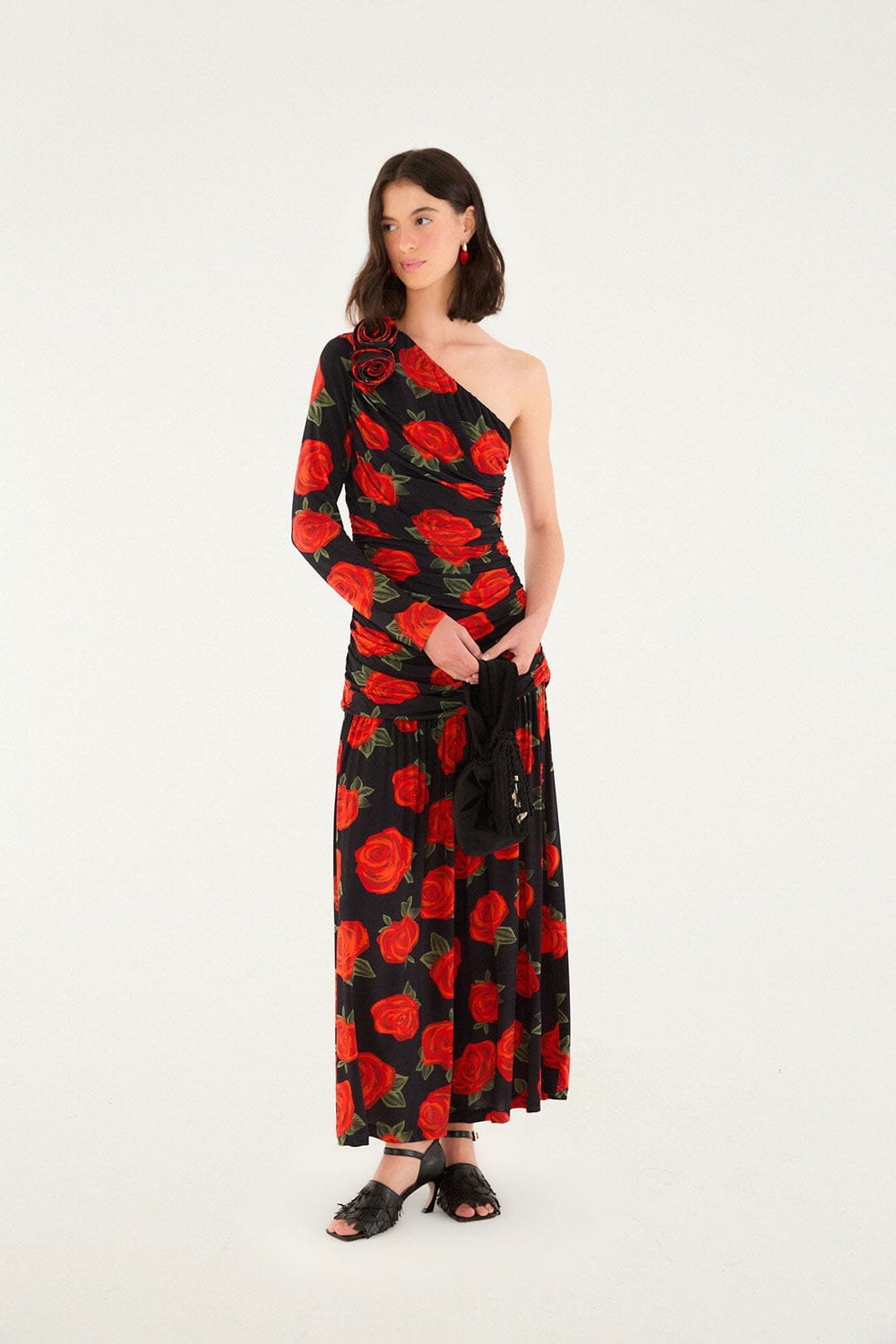 Black Latin Roses 3d Flower One-Shoulder Draped Maxi Dress - FARM Rio LATIN ROSES BLACK
