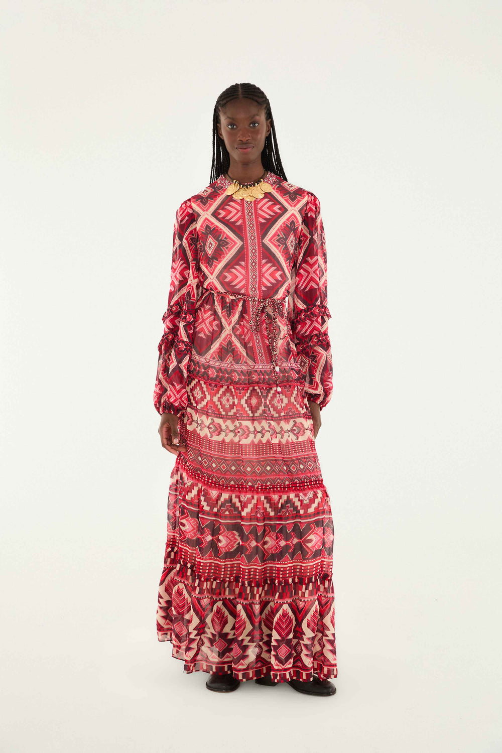 Red Graphic Ainika Belted Tiered Maxi Dress - FARM Rio GRAPHIC AINIKA RED