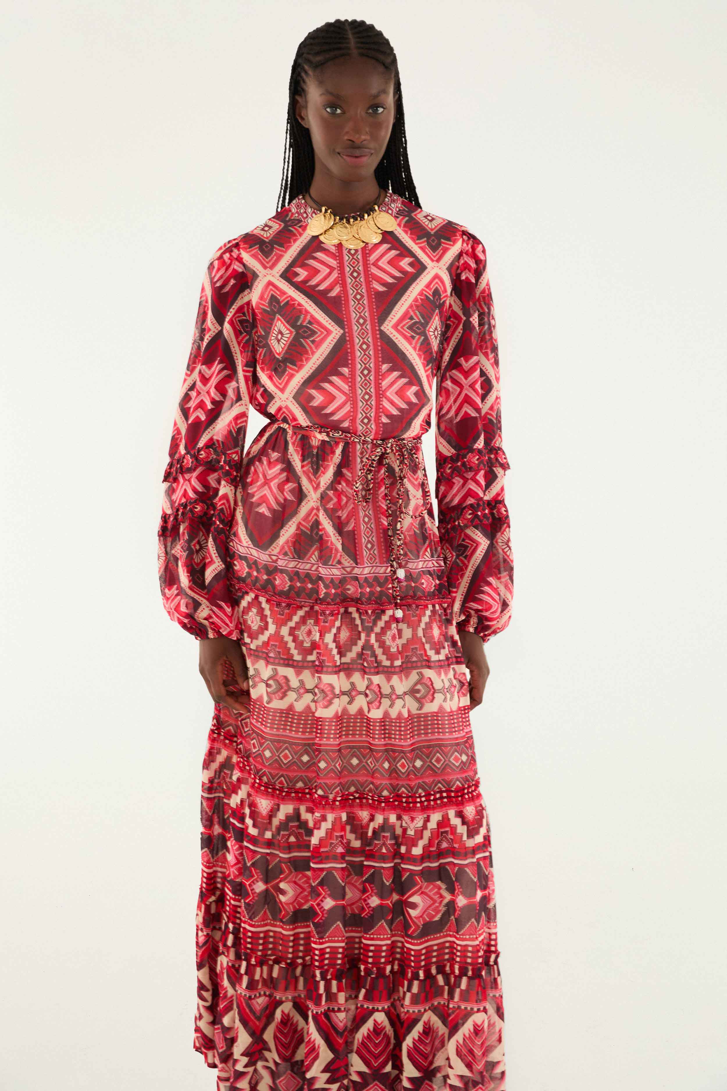 Red Graphic Ainika Belted Tiered Maxi Dress - FARM Rio GRAPHIC AINIKA RED