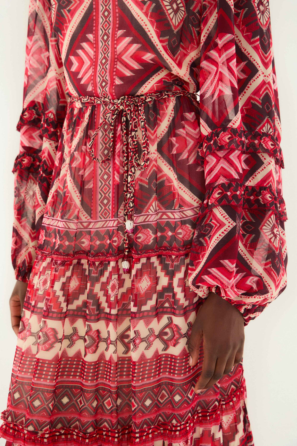 Red Graphic Ainika Belted Tiered Maxi Dress - FARM Rio GRAPHIC AINIKA RED