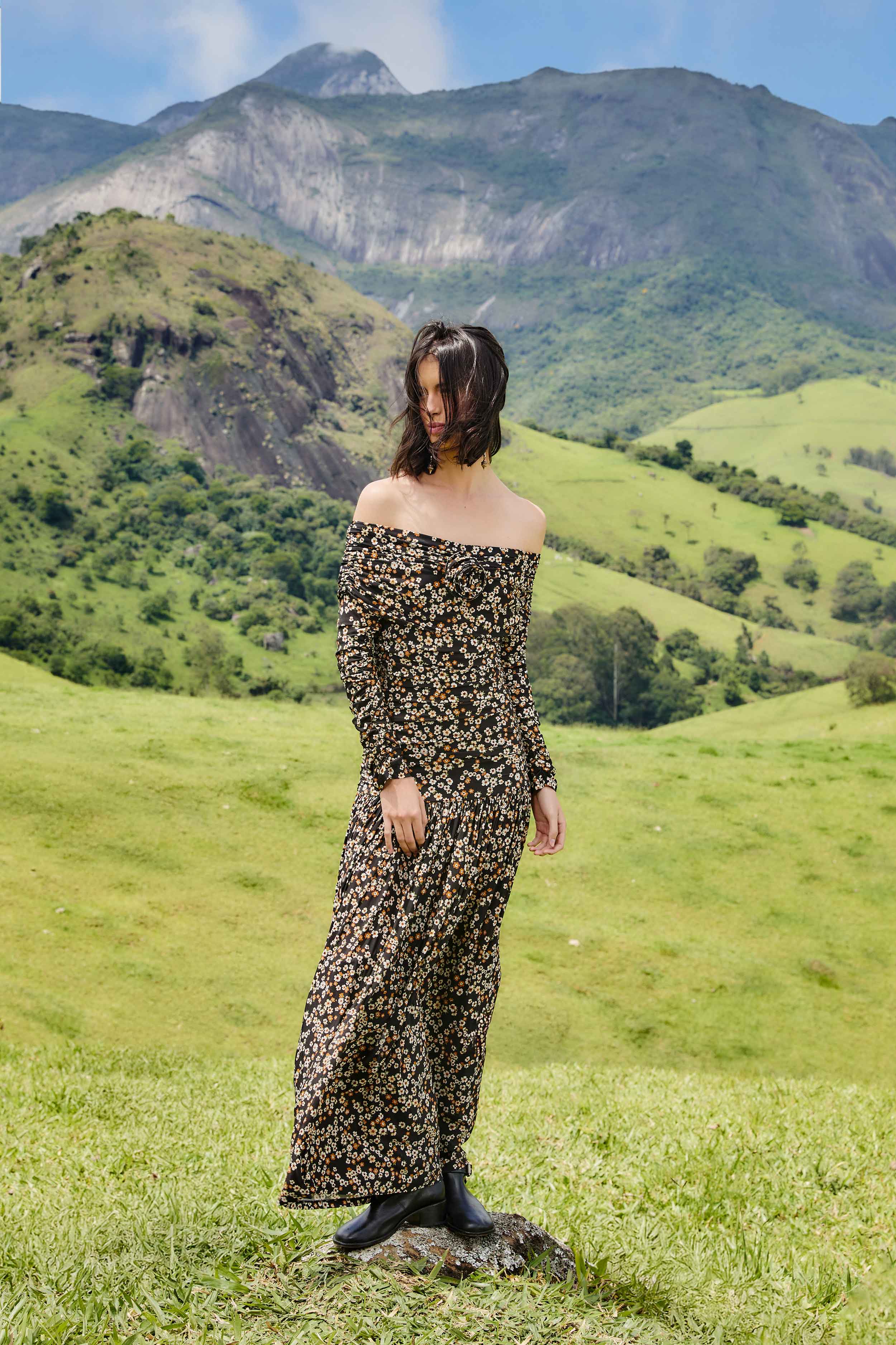 Black Tiny Flowers Long Sleeve Maxi Dress - FARM Rio TINY FLOWERS BLACK