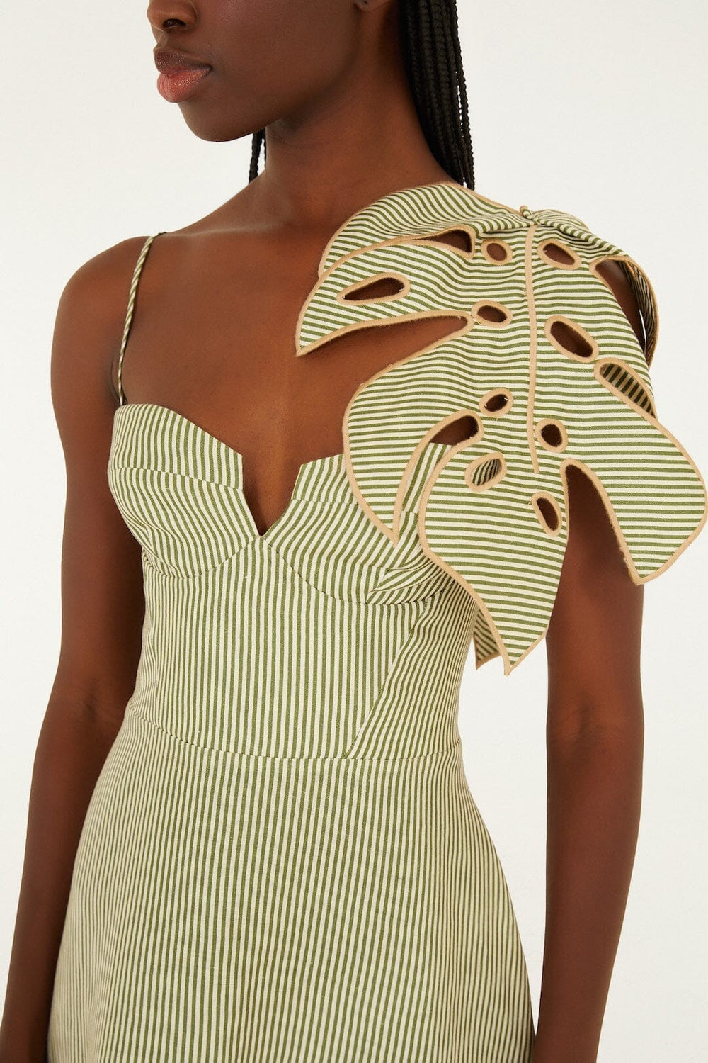 Green Striped 3d Monstera Leaf Euroflax Premium Linen Midi Dress - FARM Rio GREEN
