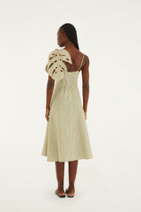 Green Striped 3d Monstera Leaf Euroflax Premium Linen Midi Dress - FARM Rio GREEN