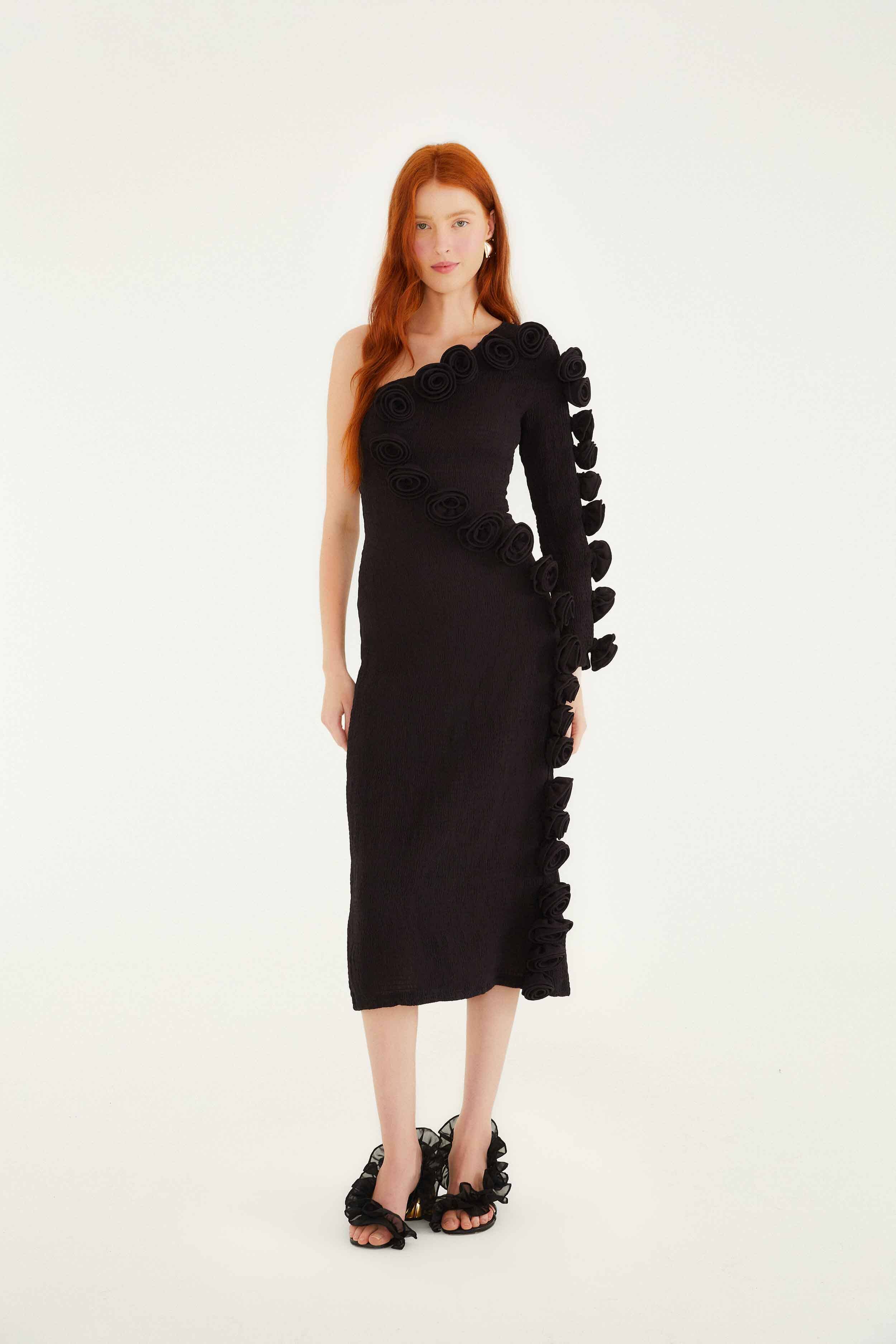 Black 3d Rose One-Shoulder Midi Dress - FARM Rio BLACK