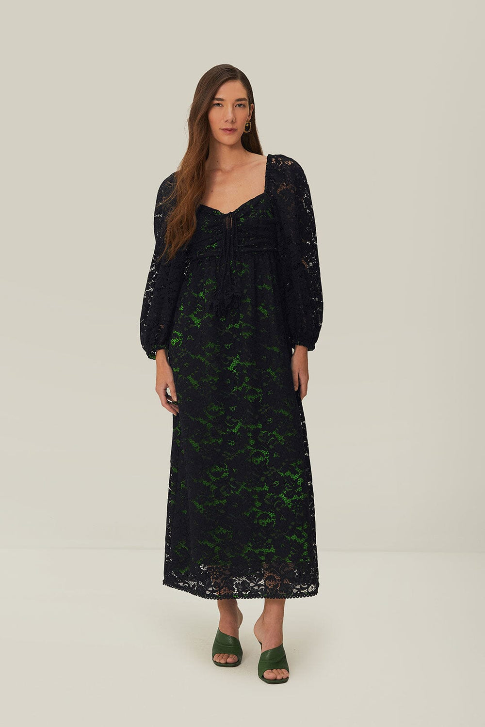 Black Lace Long Sleeve Midi Dress - FARM Rio BLACK