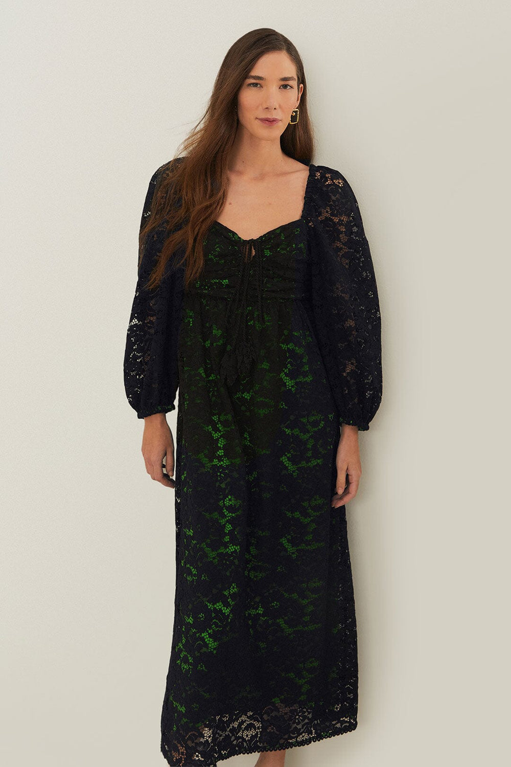 Black Lace Long Sleeve Midi Dress - FARM Rio BLACK