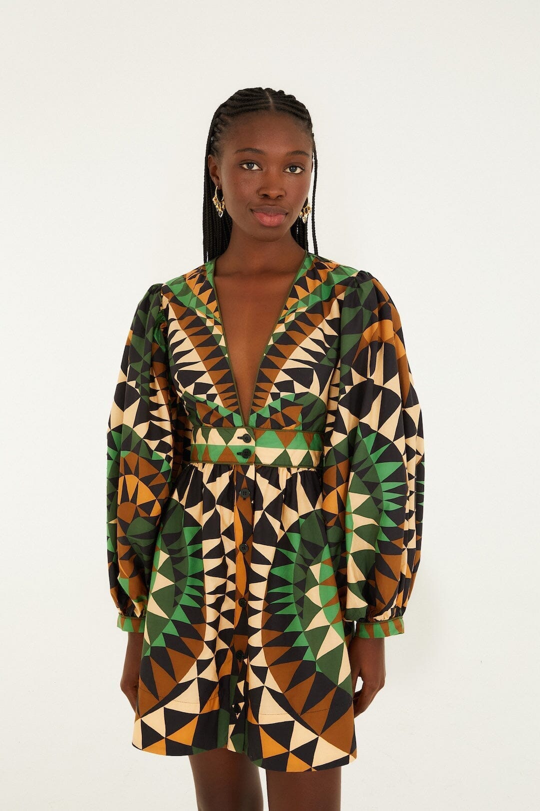 Green Heart Deco Puff Sleeve Organic Cotton Mini Dress - FARM Rio HEART DECO GREEN